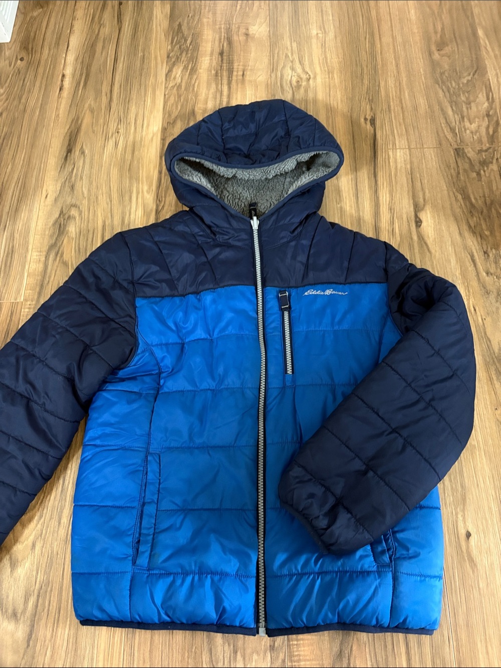 Eddie Bauer Navy and Bright Blue Hooded Puffer Coat